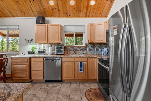 36 Gitche Goone Ln, Como, CO 80432 - kitchen with stainless steel appliances, a sink, healthy amount of natural light, wood ceiling, and decorative backsplash