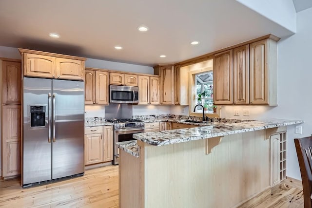 kitchen with light stone countertops, a sink, a peninsula, light wood-style floors, and stainless steel appliances