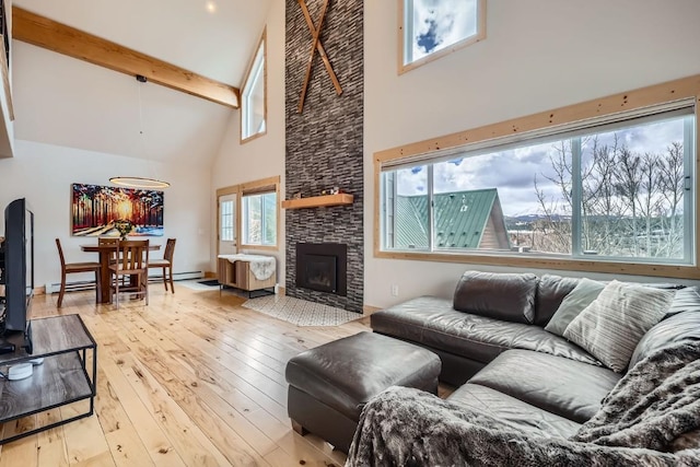 living area with baseboard heating, a fireplace, high vaulted ceiling, hardwood / wood-style floors, and beamed ceiling