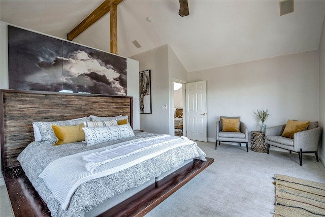 carpeted bedroom with high vaulted ceiling, a ceiling fan, and beam ceiling