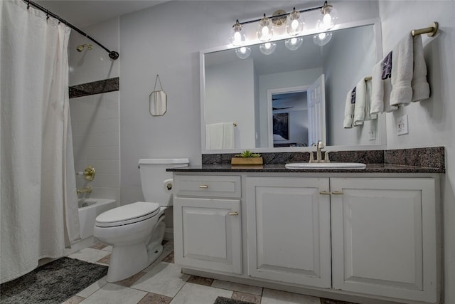 bathroom with toilet, shower / bath combo, tile patterned flooring, and vanity