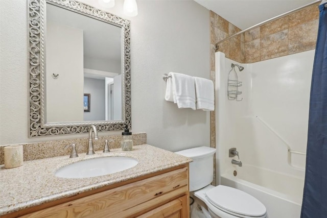 full bath featuring toilet, vanity, and shower / bath combination with curtain