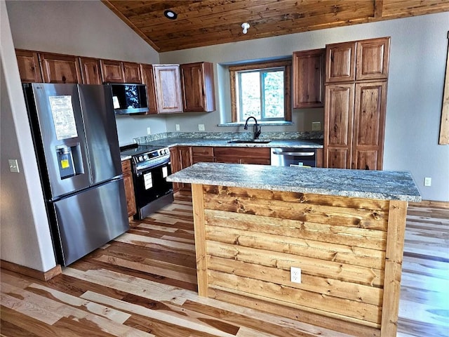 kitchen featuring wooden ceiling, appliances with stainless steel finishes, light wood finished floors, a sink, and lofted ceiling