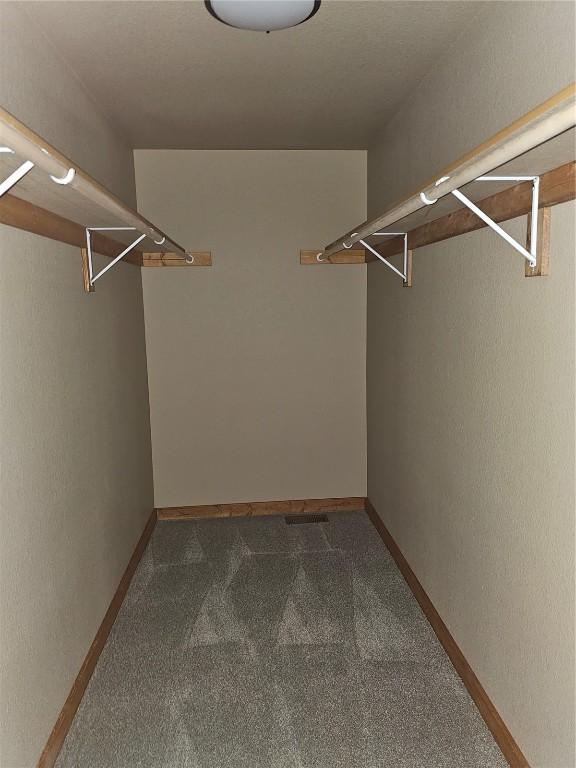 walk in closet featuring dark colored carpet