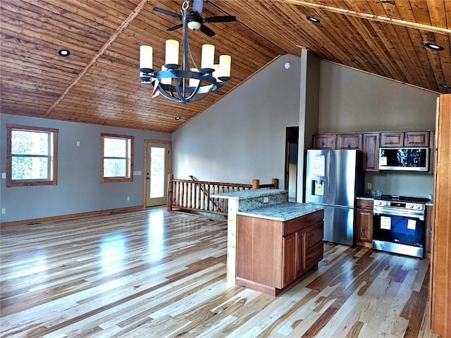 kitchen featuring wooden ceiling, stainless steel appliances, light wood-style floors, high vaulted ceiling, and open floor plan
