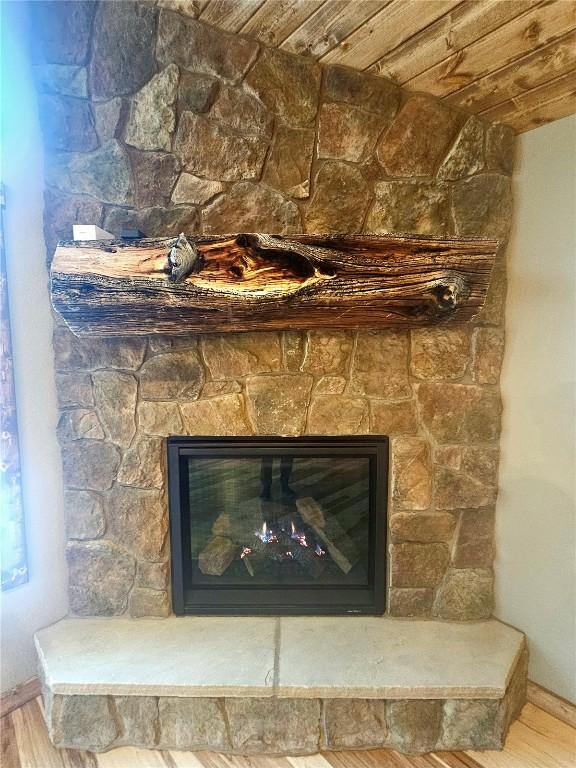 details featuring baseboards, wood finished floors, and a fireplace