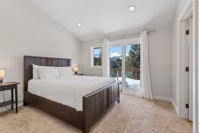 112 Illinois Gulch Rd Unit 6, Breckenridge, CO 80424 - bedroom with vaulted ceiling, light colored carpet, baseboards, access to exterior, and recessed lighting