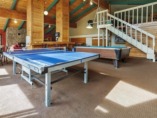 9876 Ryan Gulch Rd Unit 106, Silverthorne, CO 80498 - game room featuring carpet flooring, pool table, wooden walls, and wooden ceiling