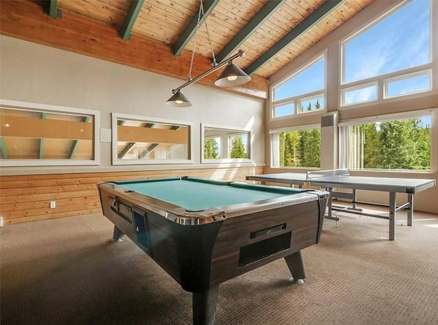 9876 Ryan Gulch Rd Unit 106, Silverthorne, CO 80498 - rec room with wooden ceiling with exposed beams, carpet floors, high vaulted ceiling, wood walls, and billiards