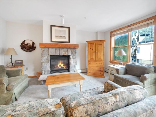 100 Dercum Sq Unit 8389, Keystone, CO 80435 - living room with light colored carpet, a fireplace, and a baseboard radiator