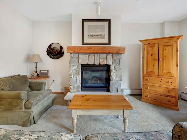 100 Dercum Sq Unit 8389, Keystone, CO 80435 - living room with a baseboard radiator, carpet flooring, a stone fireplace, and a baseboard heating unit