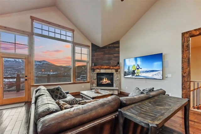 living room featuring wood finished floors, a stone fireplace, and high vaulted ceiling