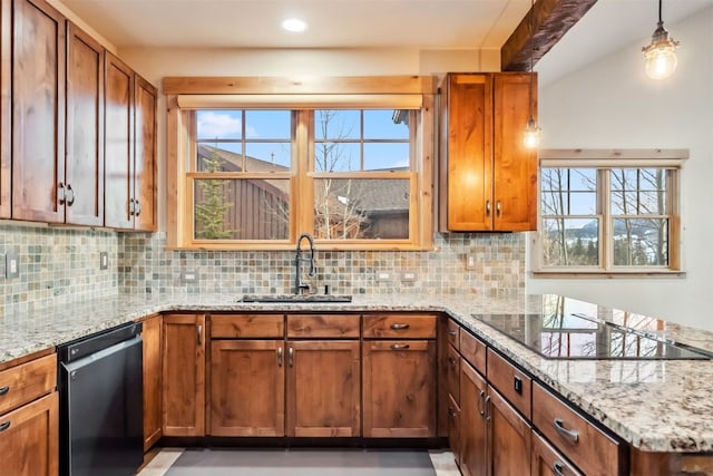 kitchen with a sink, black electric cooktop, decorative backsplash, and dishwashing machine