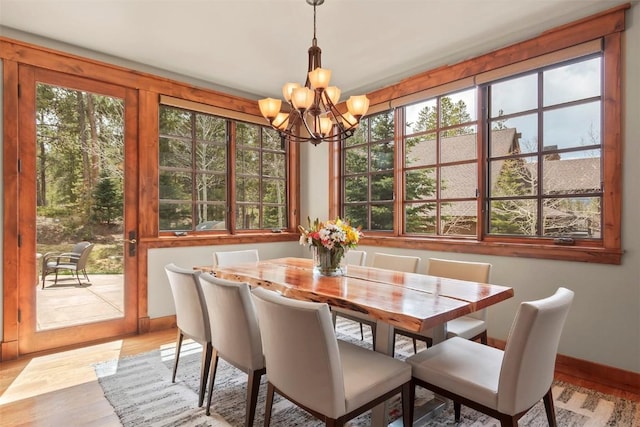 168 Corkscrew Dr, Breckenridge, CO 80424 - dining room with a chandelier, plenty of natural light, baseboards, and wood finished floors