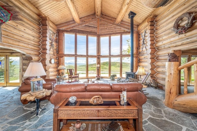 23125 Fawn Creek Rd, Steamboat Springs, CO 80487 - living room featuring healthy amount of natural light, wood ceiling with exposed beams, rustic walls, and high vaulted ceiling