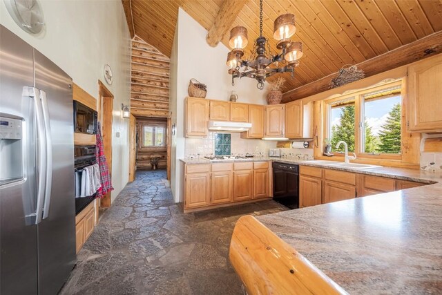 23125 Fawn Creek Rd, Steamboat Springs, CO 80487 - kitchen featuring black appliances, wooden ceiling with exposed beams, high vaulted ceiling, a sink, and plenty of natural light