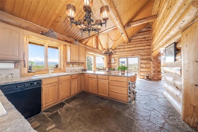 23125 Fawn Creek Rd, Steamboat Springs, CO 80487 - kitchen with rustic walls, dishwasher, a chandelier, stone flooring, and a sink