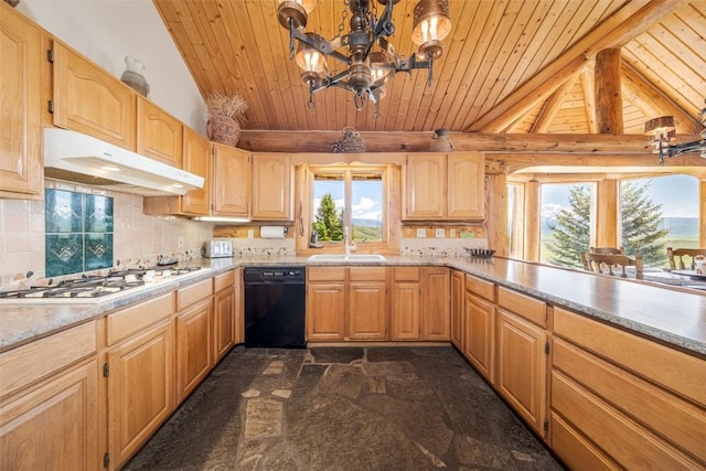 23125 Fawn Creek Rd, Steamboat Springs, CO 80487 - kitchen featuring under cabinet range hood, wood ceiling, white gas cooktop, dishwasher, and dark stone finish floors