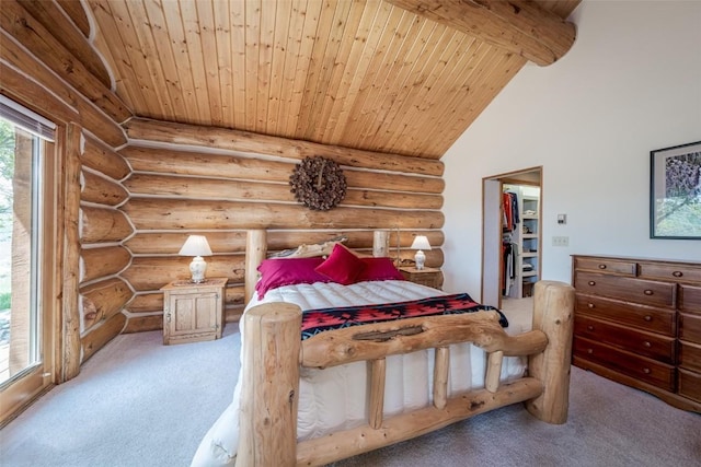 23125 Fawn Creek Rd, Steamboat Springs, CO 80487 - carpeted bedroom featuring wood ceiling, log walls, and a spacious closet