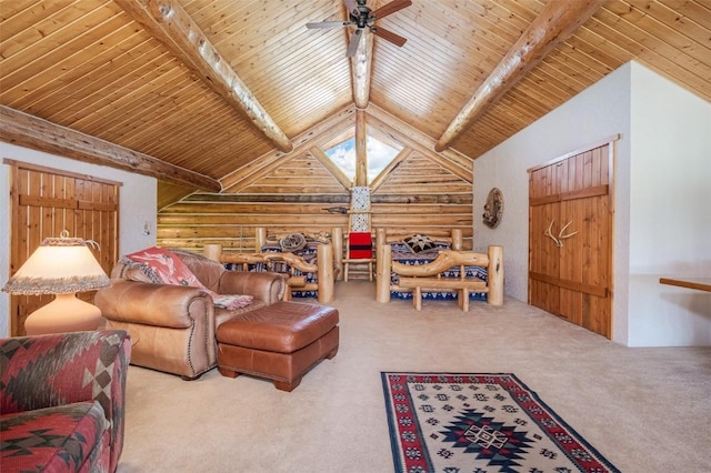 23125 Fawn Creek Rd, Steamboat Springs, CO 80487 - living room with carpet floors, wood ceiling, ceiling fan, and log walls