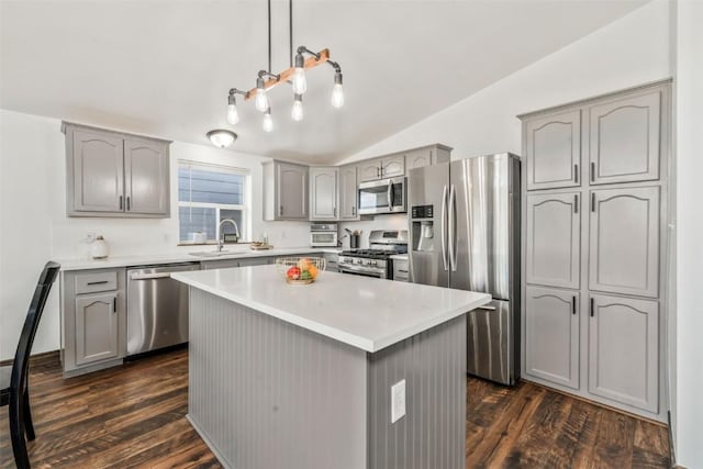21775 4th Ave, Phippsburg, CO 80469 - kitchen featuring stainless steel appliances, gray cabinets, a sink, dark wood finished floors, and vaulted ceiling