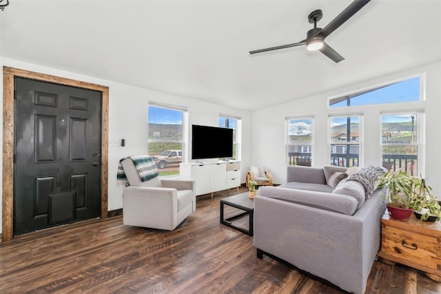 21775 4th Ave, Phippsburg, CO 80469 - living room featuring ceiling fan, wood finished floors, and vaulted ceiling