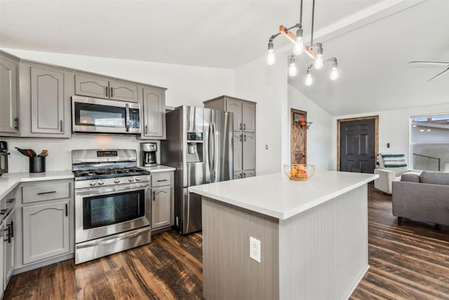 21775 4th Ave, Phippsburg, CO 80469 - kitchen featuring appliances with stainless steel finishes, gray cabinetry, lofted ceiling, dark wood finished floors, and open floor plan