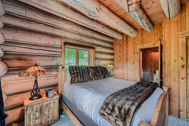922 Braddock Dr, Breckenridge, CO 80424 - bedroom featuring rustic walls, a wood ceiling with exposed beams, and carpet