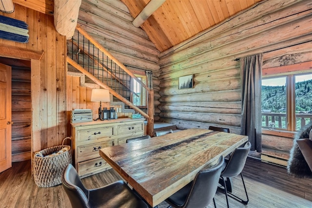 922 Braddock Dr, Breckenridge, CO 80424 - dining room featuring wooden ceiling, stairway, rustic walls, healthy amount of natural light, and hardwood / wood-style flooring
