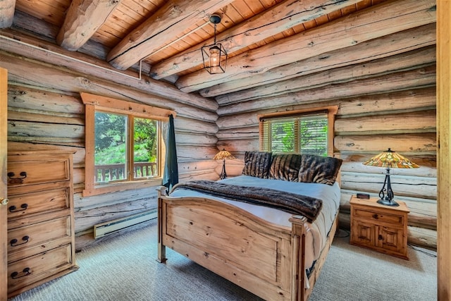 922 Braddock Dr, Breckenridge, CO 80424 - carpeted bedroom with a wood ceiling with exposed beams, log walls, and baseboard heating