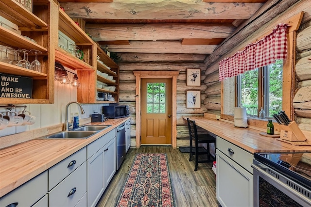 922 Braddock Dr, Breckenridge, CO 80424 - kitchen with wood counters, open shelves, appliances with stainless steel finishes, rustic walls, and dark wood-style floors
