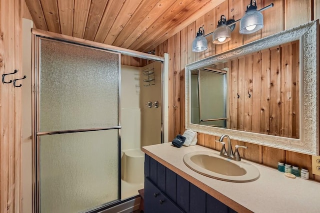 922 Braddock Dr, Breckenridge, CO 80424 - full bath with a shower stall, vanity, wooden walls, and wooden ceiling
