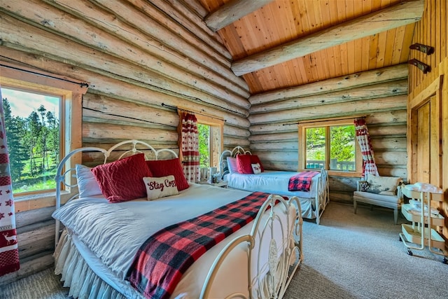 922 Braddock Dr, Breckenridge, CO 80424 - carpeted bedroom featuring log walls, multiple windows, and wooden ceiling