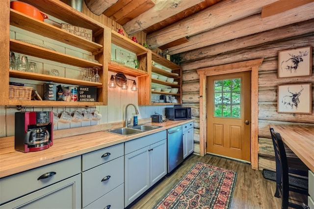 922 Braddock Dr, Breckenridge, CO 80424 - kitchen with open shelves, black microwave, stainless steel dishwasher, wood counters, and rustic walls