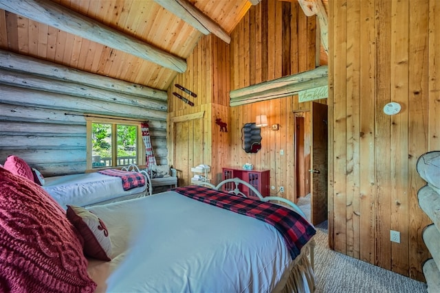 922 Braddock Dr, Breckenridge, CO 80424 - bedroom with a wooden ceiling with exposed beams, rustic walls, carpet floors, high vaulted ceiling, and wood walls