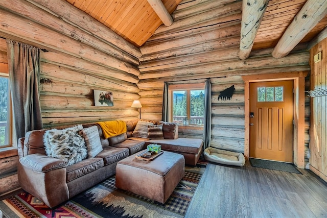 922 Braddock Dr, Breckenridge, CO 80424 - living room with wooden ceiling, hardwood / wood-style floors, and rustic walls