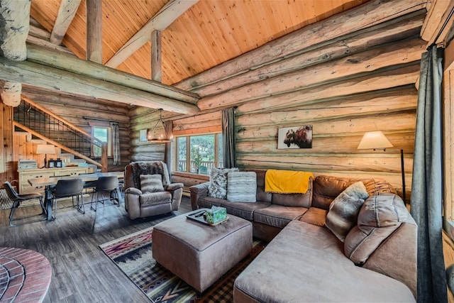 922 Braddock Dr, Breckenridge, CO 80424 - living room with wood ceiling, rustic walls, stairway, and wood finished floors