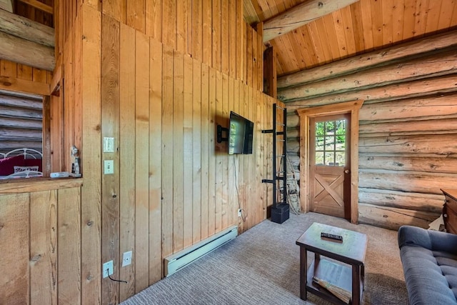 922 Braddock Dr, Breckenridge, CO 80424 - carpeted living room with baseboard heating, a wooden ceiling with exposed beams, log walls, and wood walls