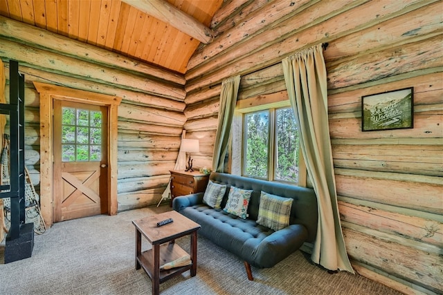 922 Braddock Dr, Breckenridge, CO 80424 - sitting room featuring wood ceiling, healthy amount of natural light, carpet flooring, and log walls