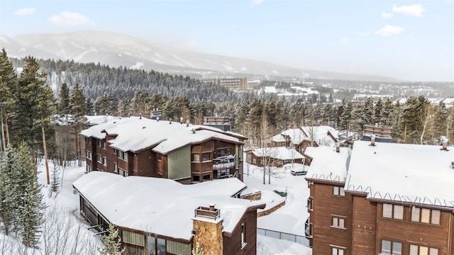 snowy aerial view with a mountain view and a wooded view