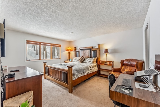 bedroom featuring light carpet and a textured ceiling