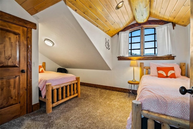 bedroom with wooden ceiling, lofted ceiling, and carpet floors