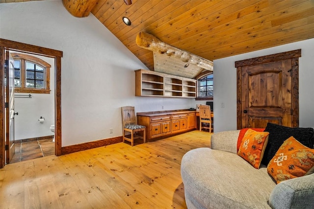 living room featuring wood ceiling, lofted ceiling, and light hardwood / wood-style flooring