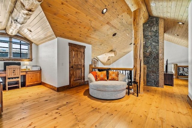 sitting room featuring wooden ceiling, vaulted ceiling, and light wood-type flooring