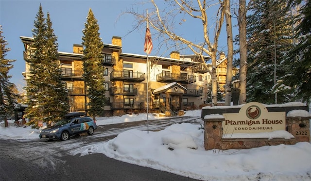 view of snow covered building