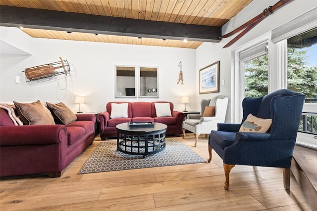 living area featuring wooden ceiling, vaulted ceiling with beams, and light wood-style flooring