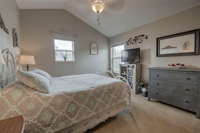 116 Blue Grouse Ln, Silverthorne, CO 80498 - bedroom featuring light colored carpet, lofted ceiling, and ceiling fan