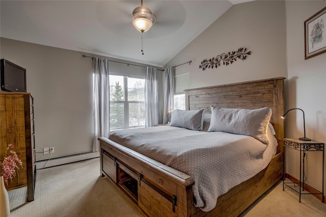 116 Blue Grouse Ln, Silverthorne, CO 80498 - carpeted bedroom with vaulted ceiling, a baseboard radiator, and a ceiling fan
