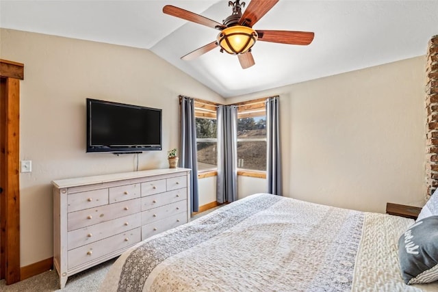 471 Mountain Vista Cir Unit 1, Steamboat Springs, CO 80487 - bedroom featuring vaulted ceiling, ceiling fan, and light carpet
