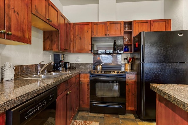 505 S Main St Unit 2305, Breckenridge, CO 80424 - kitchen with black appliances, a sink, dark countertops, open shelves, and stone finish flooring